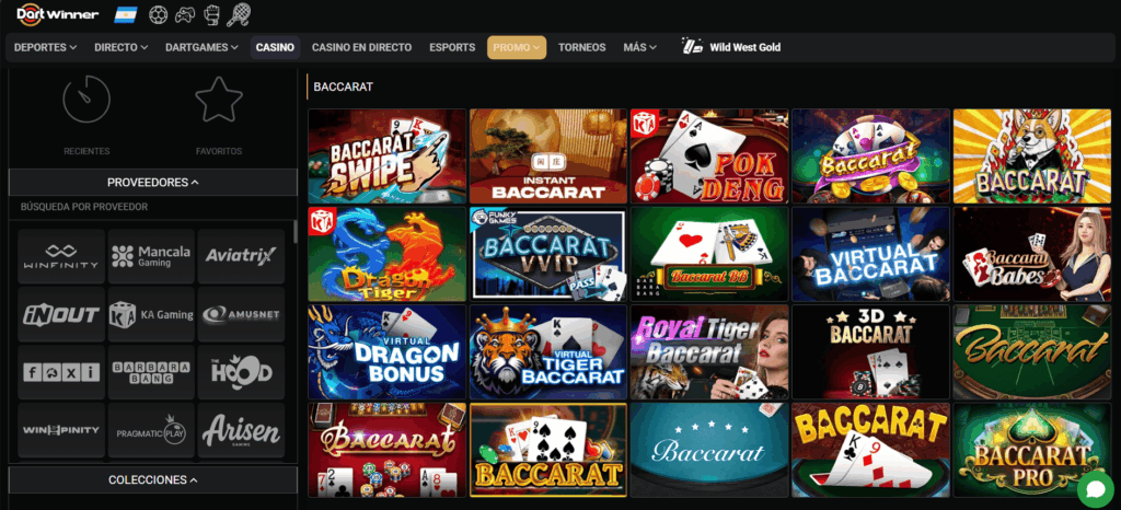 Captura de la sección de baccarat en Dartwinner Argentina