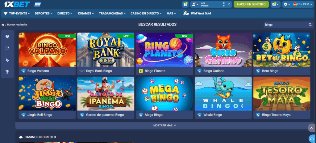 Captura de la sección de bingo en 1xbet Argentina