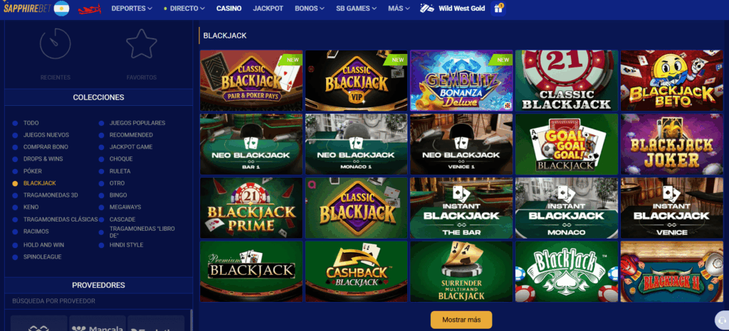 Captura de la sección de blackjack de Sapphirebet Argentina