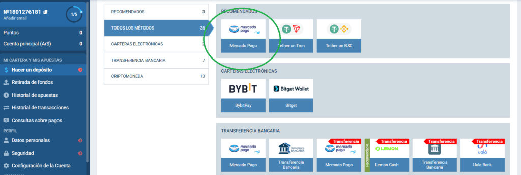 Segundo paso para depositar con Mercado Pago en un casino