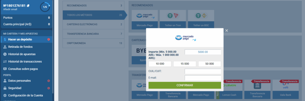 Tercer paso para depositar con Mercado Pago en un casino