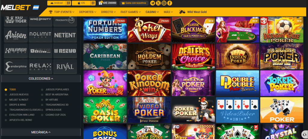 Captura del apartado de póker en Melbet