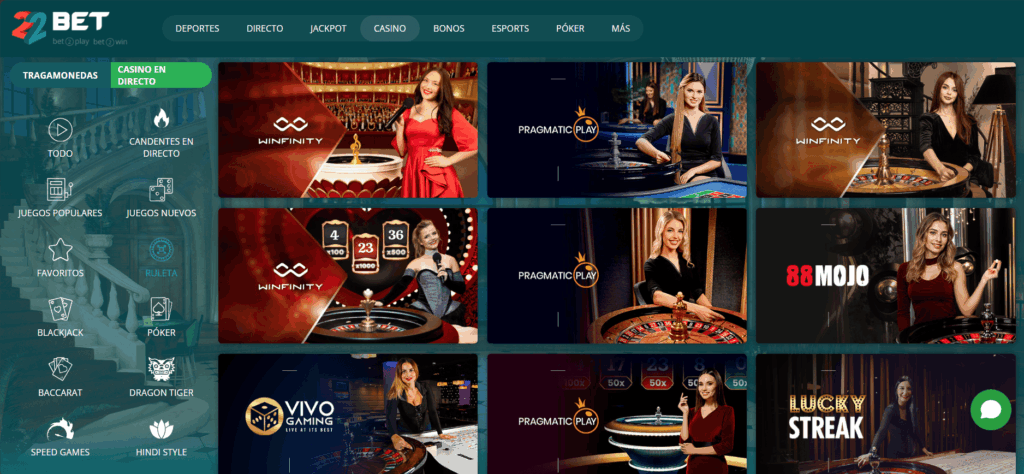 Captura del apartado de ruleta en 22Bet Argentina