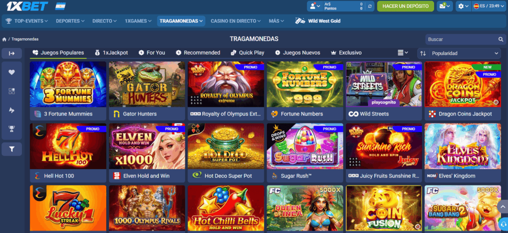 Captura de la sección de tragamonedas de 1xbet Argentina