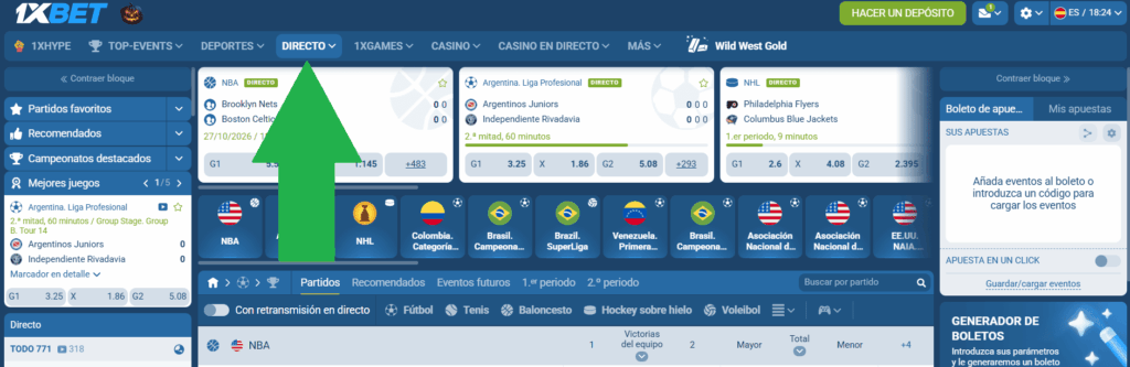 Captura de la sección de apuestas en vivo de 1XBET Argentina