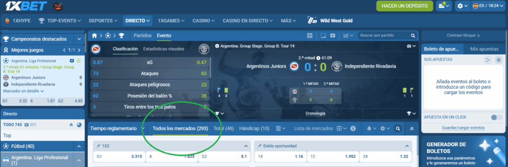 Captura de los mercados de apuestas en vivo en un partido en 1XBET