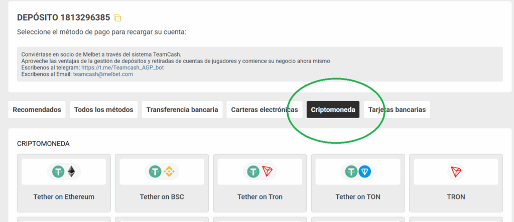 Captura del primer paso para depositar con Bitcoin en Melbet