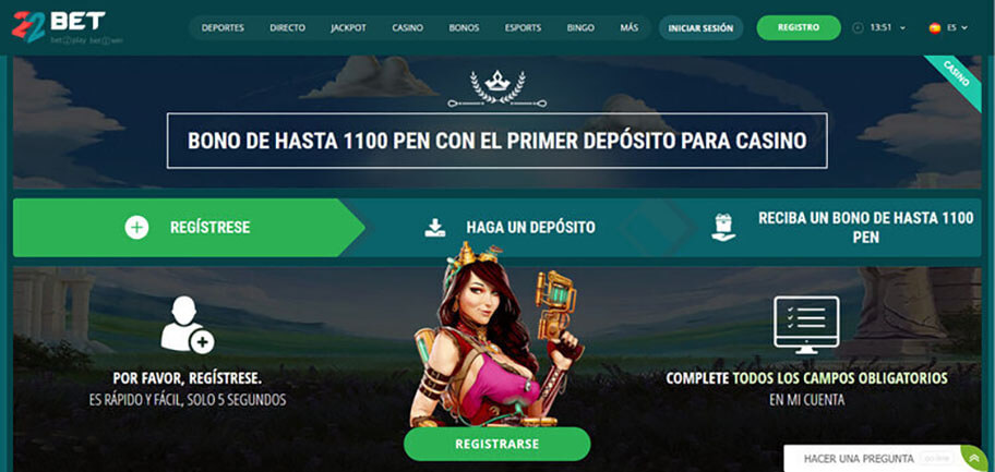 22bet bono casino apuestas online perú