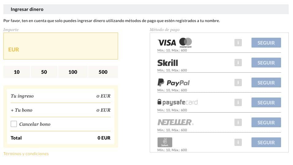 Starvegas métodos de pago