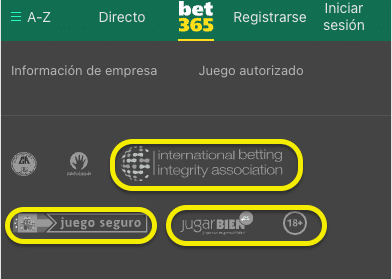 Captura de pantalla - certificados de organismos sobre juego seguro y responsable en bet365