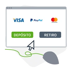 elige entre depósito o retiro, visa logo, paypal y mastercard logo