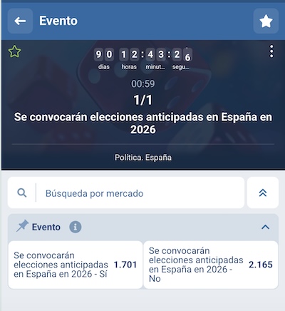 Captura movil cuotas apuestas elecciones anticipadas en Espa&ntilde;a en 2026 - 1xBet 