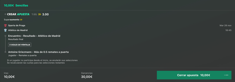 Superaumento de bet365 para el Sparta Praga vs Atleti