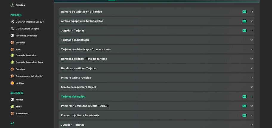 Captura de pantalla bet365 - Estrategias mercados de apuestas de tarjetas amarillas