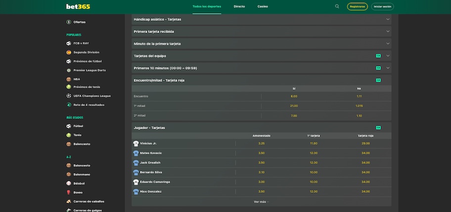 captura de pantalla bet365 mercados de apuestas tarjetas rojas - expulsiones