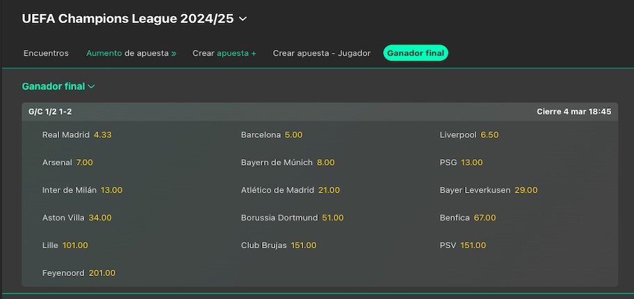 Imagen de bet365 con las cuotas a ganador de la Champions League en los 8vos de final
