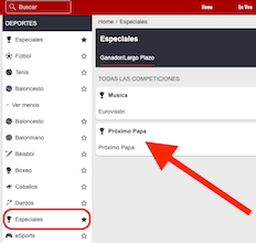 Imagen que muestra donde encontrar el mercado de apuestas al próximo Papa en Sportium