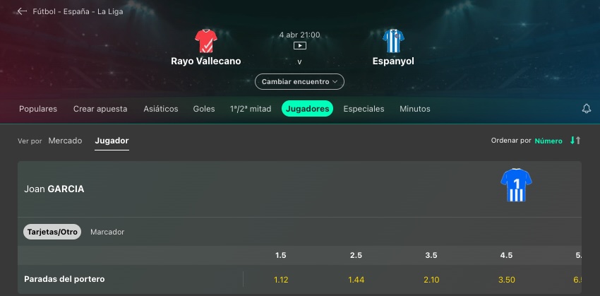 Imagen bet365 mercado paradas joan garcia - rayo vallecano vs Espanyol de LaLiga