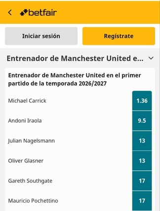 Captura de pantalla Betfair mercado de apuestas a proximo entrenador Manchester United