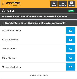 Captura de pantalla Betfair mercado de apuestas a proximo entrenador Manchester United