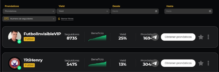 Captura de los filtros de tipsters - analisis de la plataforma bet2earn