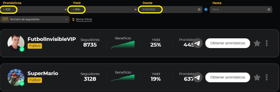 Captura de los filtros de tipsters - ejemplo de la plataforma bet2earn
