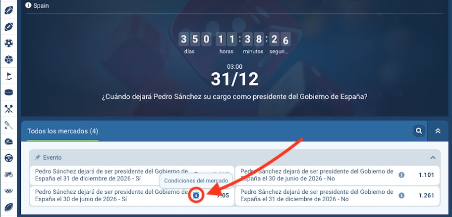 Captura de pantalla de 1xbet - Mercado de apuestas dimision de Pedro S&aacute;nchez