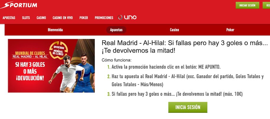 Imagen promo devolución en Sportium en el Real Madrid vs Al Hilal - Mundial de Clubes de la FIFA