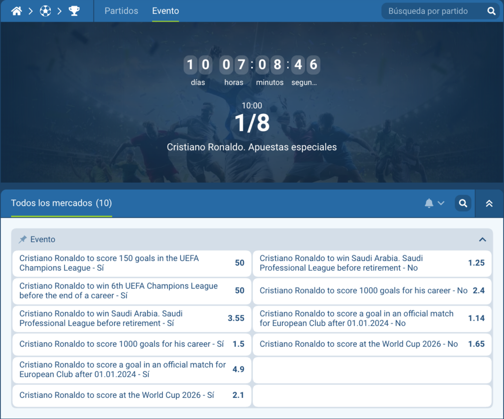 apuestas especiales 1xbet de Cristiano Ronaldo