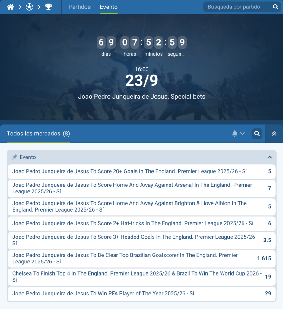 Apuestas Especiales Joao Pedro en 1XBET