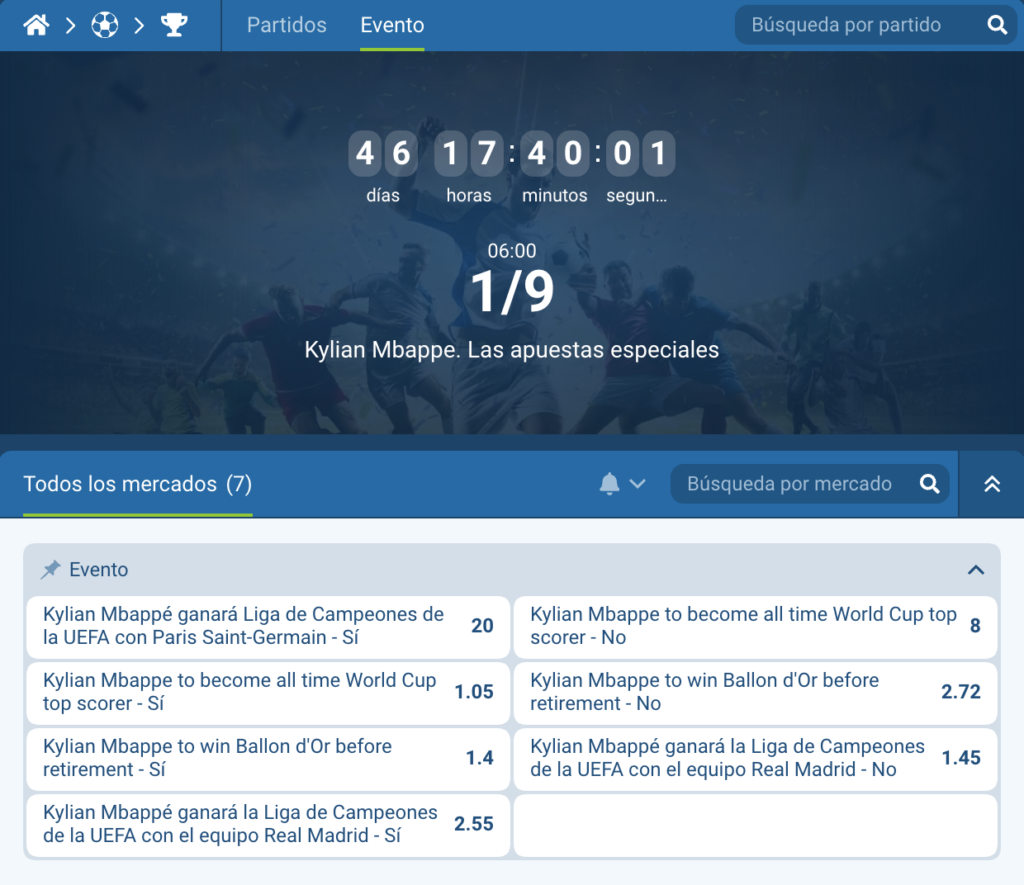 Apuestas Especiales Kylian Mbappé en 1XBET