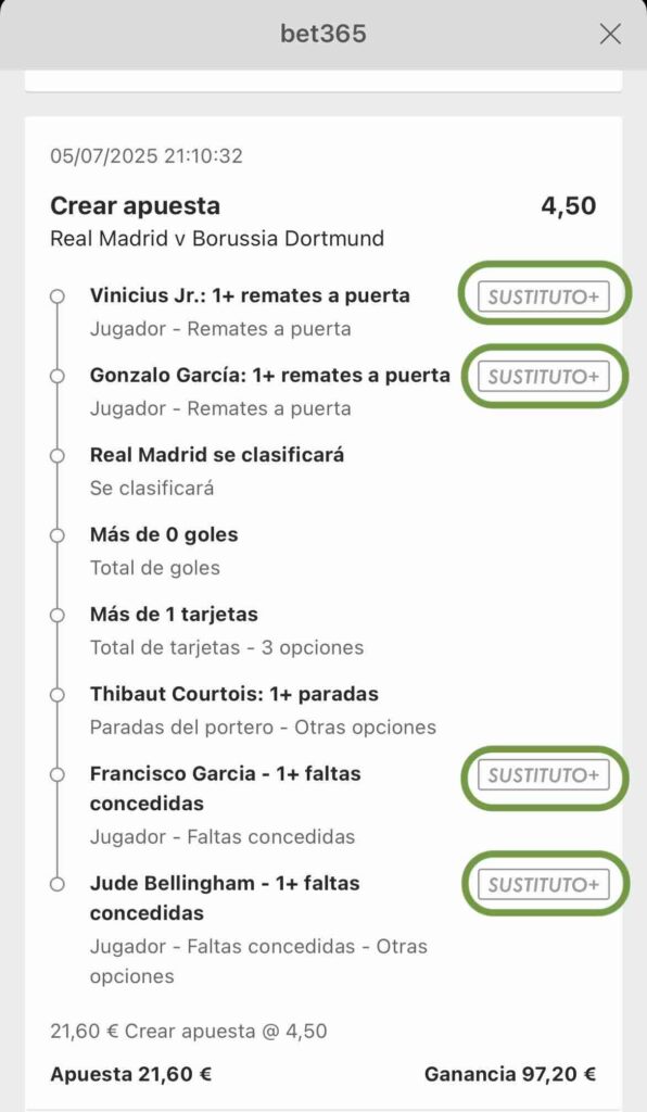 Imagen captura ticket de apuestas con ejemplos garantia por sustitución
