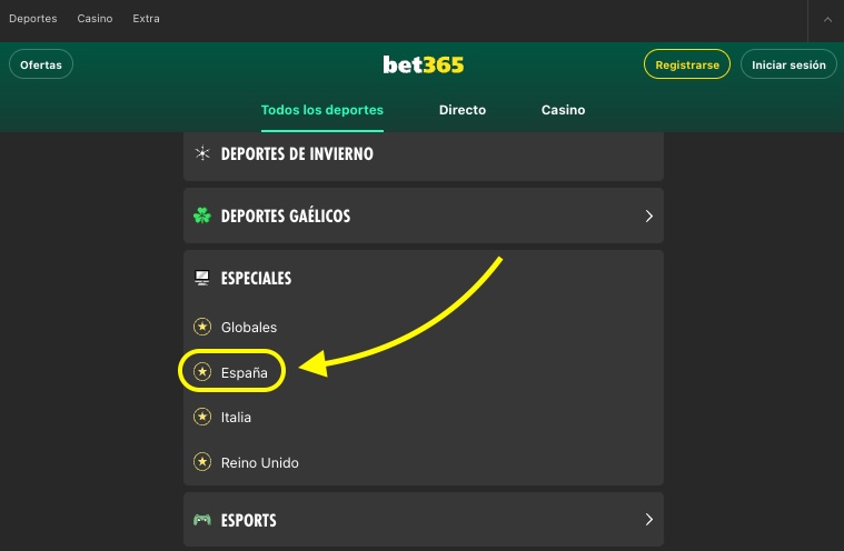 Captura de pantalla de bet365 menu donde apostar a sanfermines