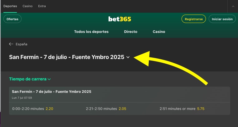 Captura de pantalla de bet365 selecciona encierro donde apostar a sanfermines