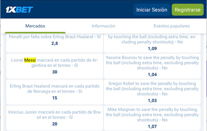 Captura 1xbet apuestas Messi marca en todos los partidos de Argentina
