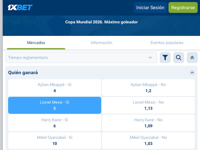 Captura de pantalla 1xbet apuestas Messi Maximo Goleador del Mundial