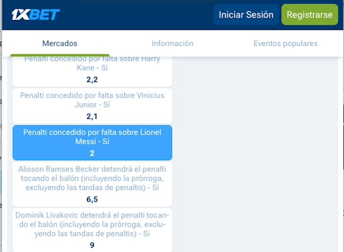 Captura 1xbet apuestas especiales a Penalti pitado por falta a Messi 