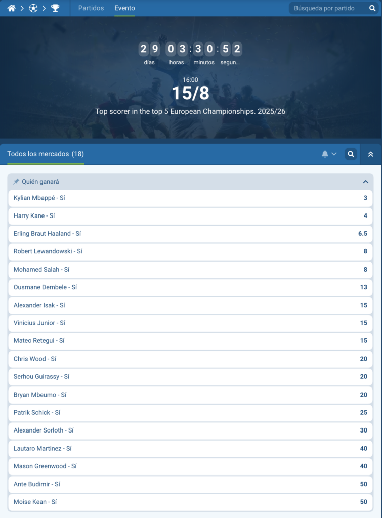 apuestas especiales 1xbet top goleador 5 grandes ligas europeas 2025-26