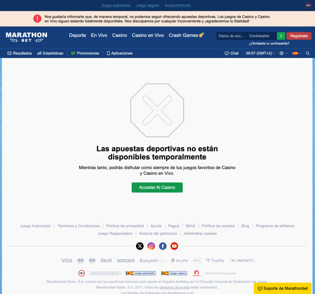Marathonbet pausa temporalmente su sección de apuestas deportivas