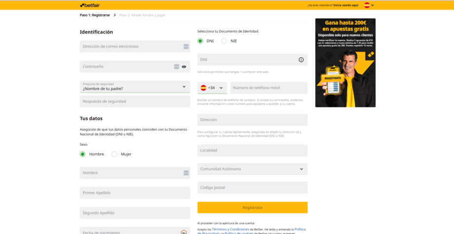 registro betfair paso 2