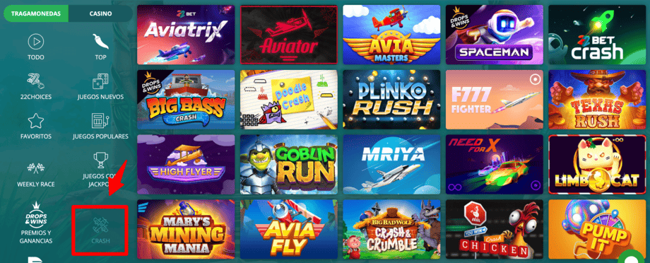 22bet casino juegos crash