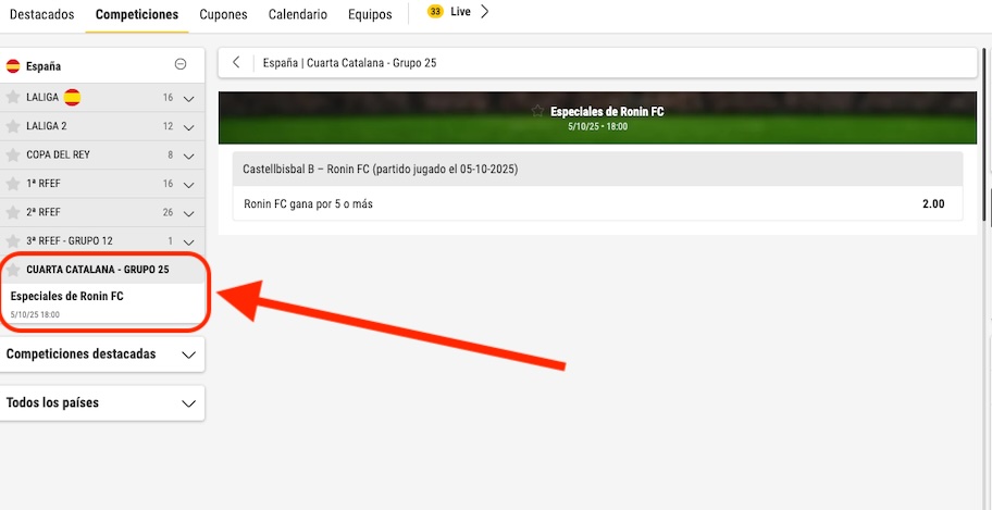Captura de pantalla cuotas bwin Ronin FC 
