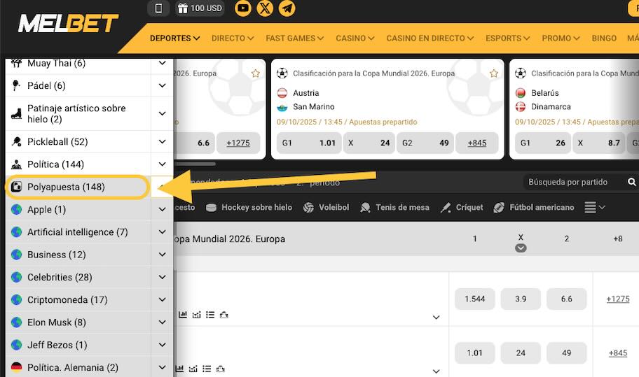 Captura de pantalla de Melbet - Mercados Polyapuestas Polymarket politica 