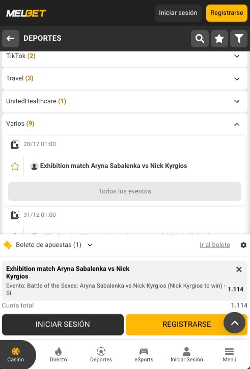 Imagen cuotas apuestas batalla de los sexos Sabalenka vs Kyrgios - Melbet movil