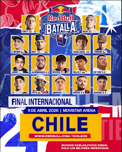 Imagen del cartel de la Final Internacional Red Bull Batalla 2026 en Chile - Apuestas Batalla de Gallos