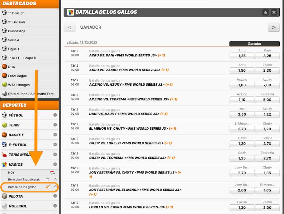 Captura de Kirolbet - Cuotas apuestas Batallas de Gallos FMS World Series Jornada 3
