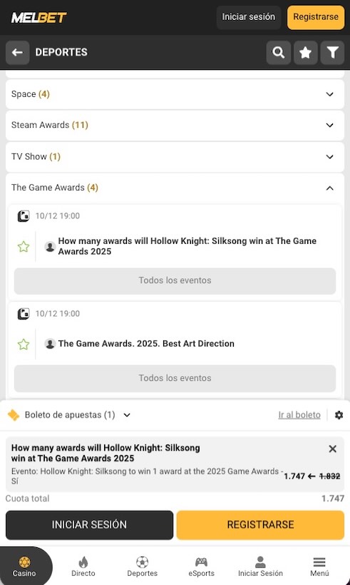 Imagen cuotas apuestas Game Awards 2025 GOTY - Melbet movil