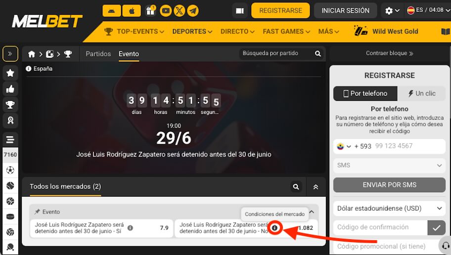 Imagen condiciones apuestas a detencion Zapatero o entra en la carcel - Melbet