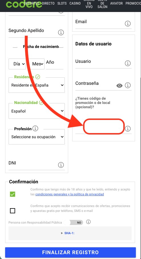 Captura de pantalla código promocional Codere en registro 
