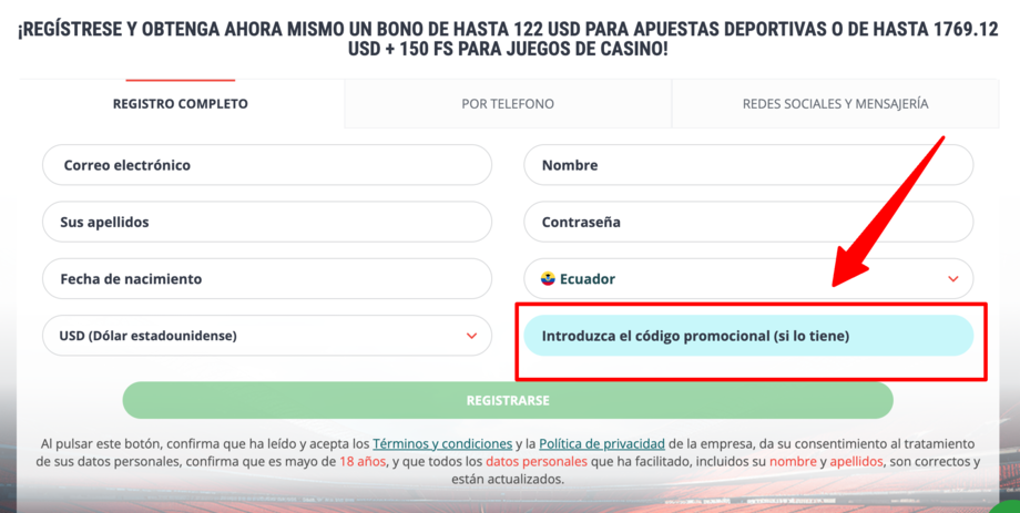 registo 22bet paso 1